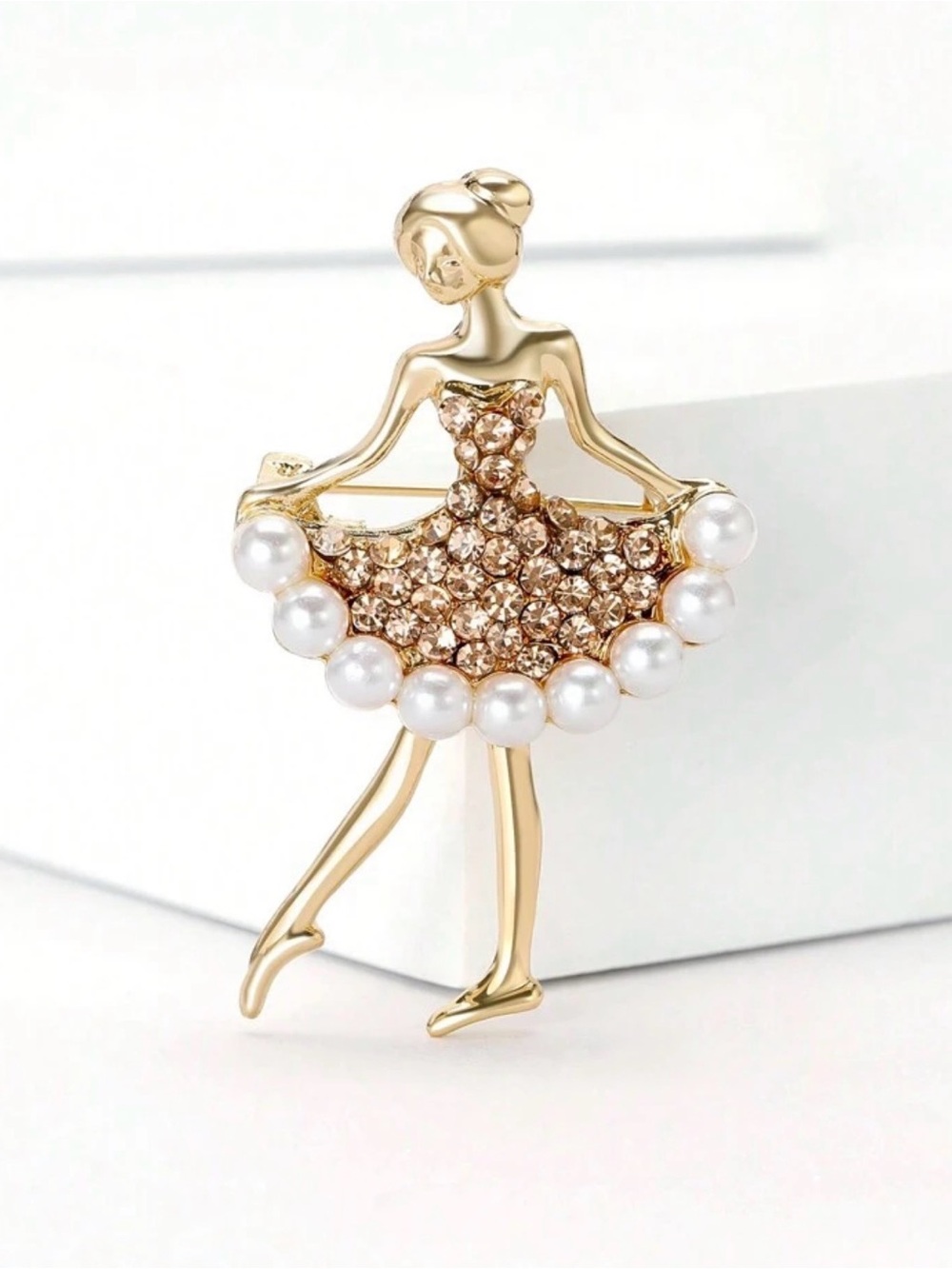 Gold Ballerina Pearl & Crystal Brooch - Elegant Women's Jewelry